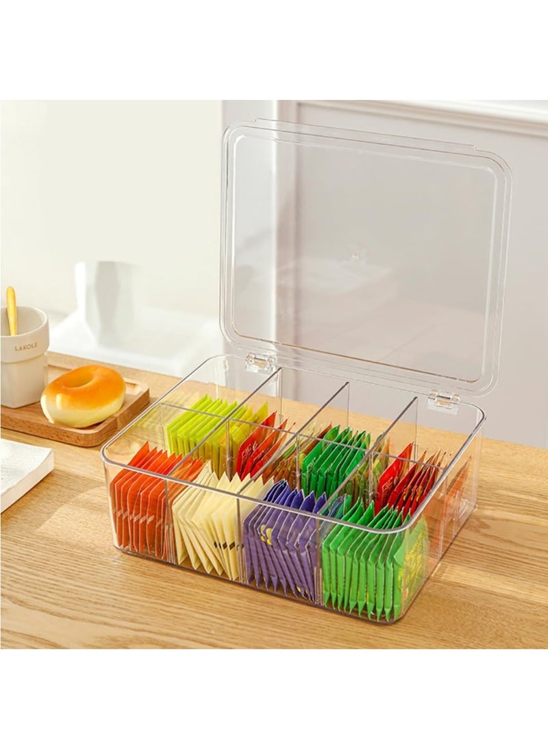 DUNISO Clear Tea Bag Divided Storage Organizer, Tea Bag Holder Container Box With Lid, Suitable for Cabinet, Countertop, Hold Coffee Pods, Seasoning Packets, Condiments, 8 Sections (Transparent)  - Image 1