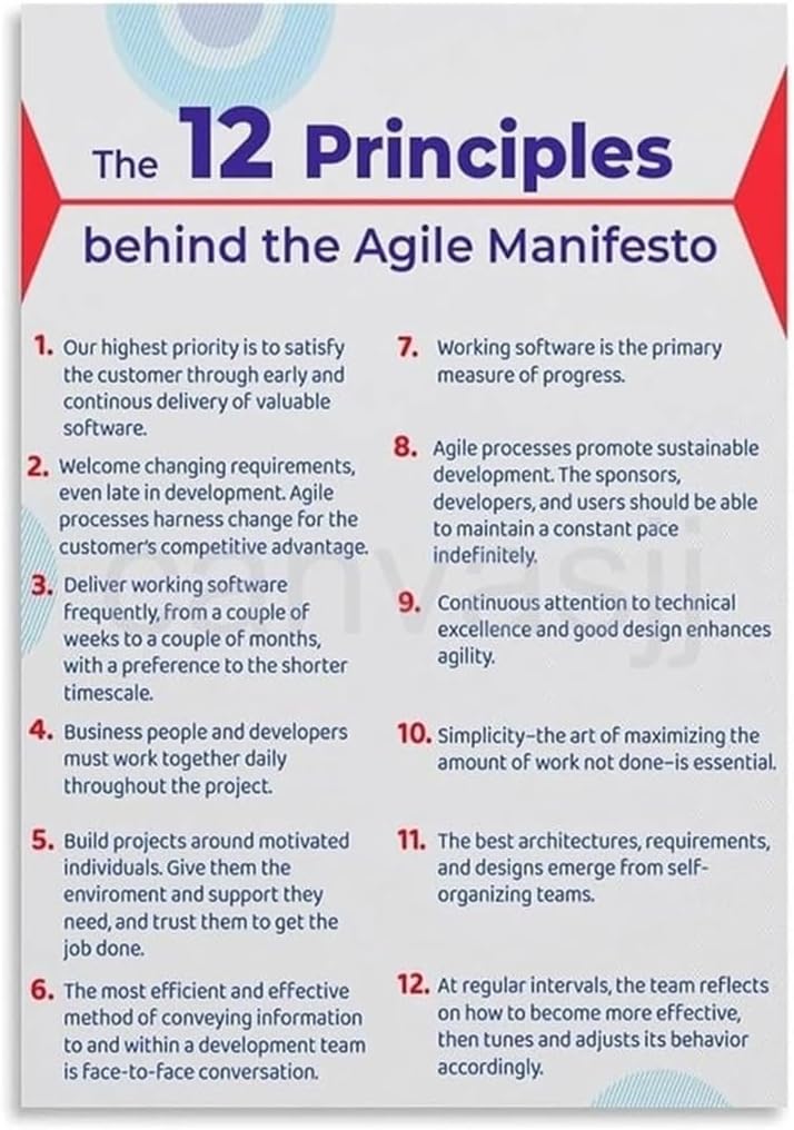 Software Development Agile Principles Poster 12 Values and Manifesto Chart for Project Management Tech Office Startup Team Room Wall Art Decor(Framed,08x12inch(20x30cm))