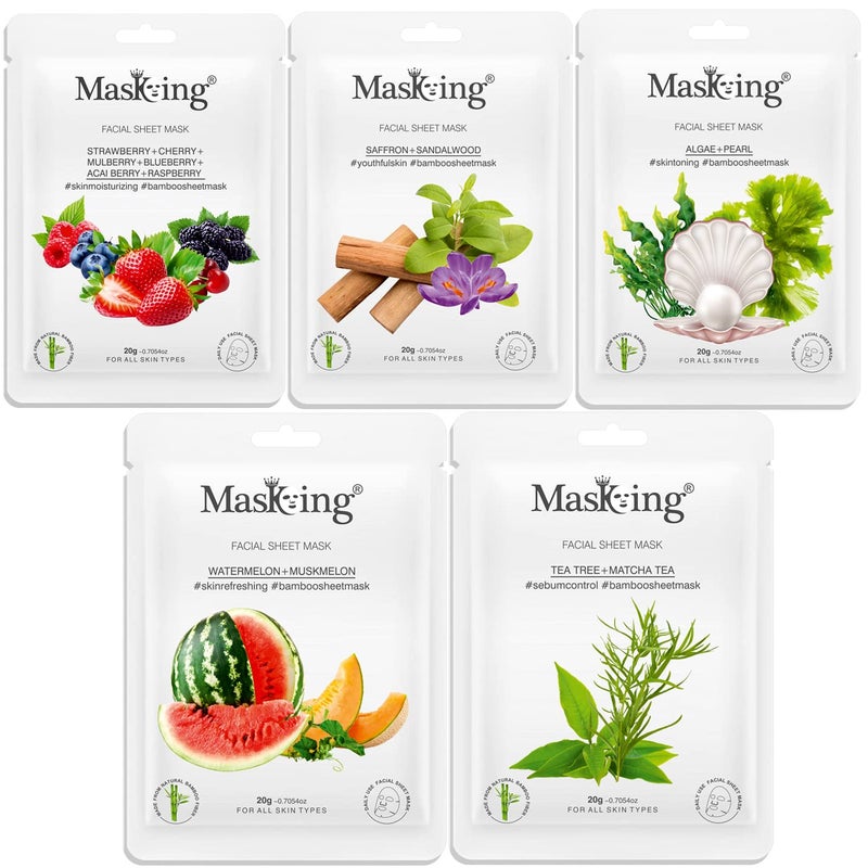 MasKing Bamboo Facial Sheet Mask of Strawberry Saffron Algae Watermelon Tea Tree Ideal for Women Men 100ml Combo Pack of 5 - Image 1