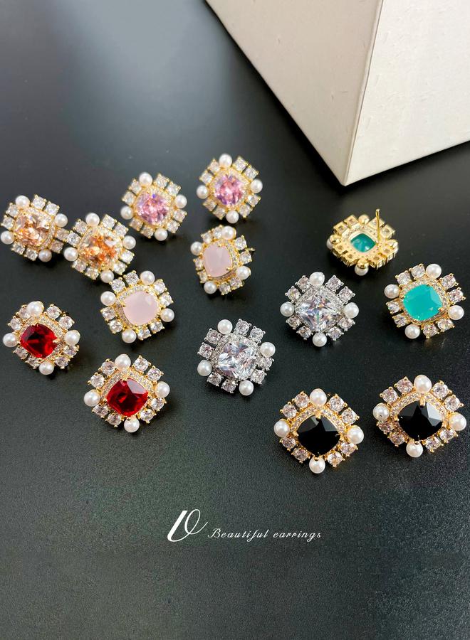 Take Two Square Shape Embellished Earrings with Faux Pearl - Image 2