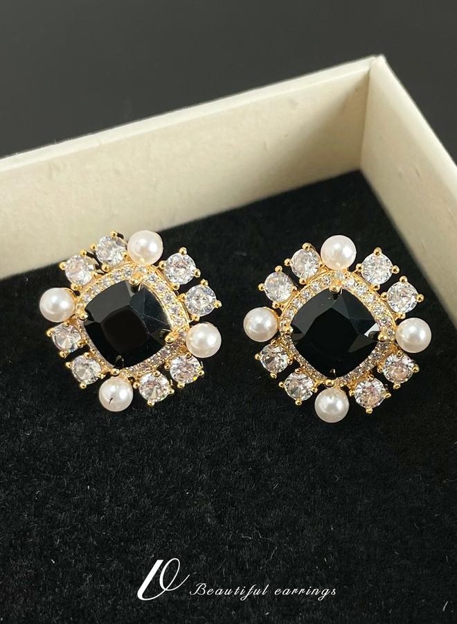 Take Two Square Shape Embellished Earrings with Faux Pearl - Image 1