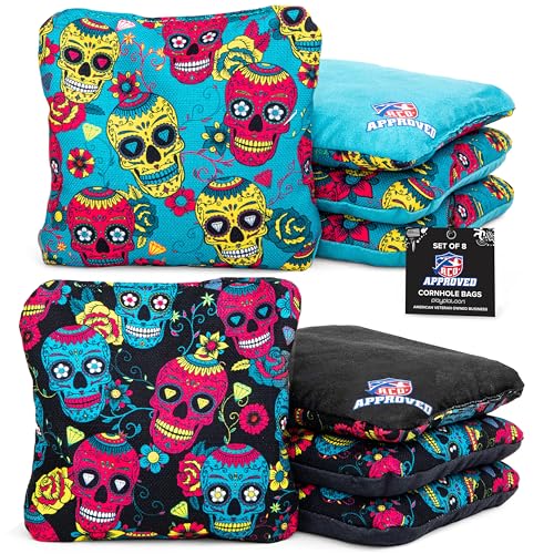 Play Platoon ACO Tournament Series Pro Cornhole Bags Set of 8 Regulation Professional Corn Hole Bean Bags - Competition Weight - Dual Slick and Stick - 4 Turquoise & 4 Black Skulls - Image 1