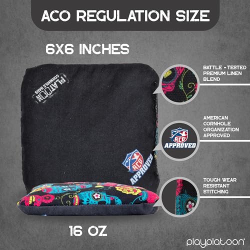 Play Platoon ACO Tournament Series Pro Cornhole Bags Set of 8 Regulation Professional Corn Hole Bean Bags - Competition Weight - Dual Slick and Stick - 4 Turquoise & 4 Black Skulls - Image 2