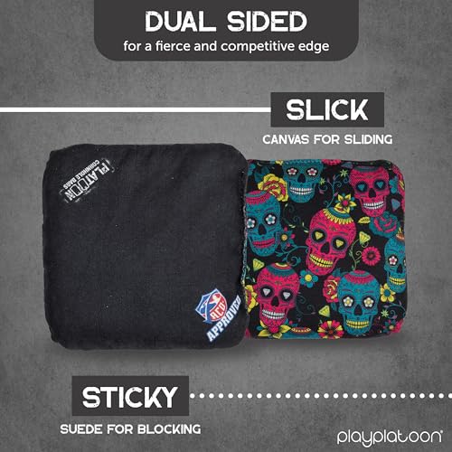 Play Platoon ACO Tournament Series Pro Cornhole Bags Set of 8 Regulation Professional Corn Hole Bean Bags - Competition Weight - Dual Slick and Stick - 4 Turquoise & 4 Black Skulls - Image 3