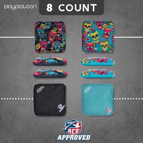 Play Platoon ACO Tournament Series Pro Cornhole Bags Set of 8 Regulation Professional Corn Hole Bean Bags - Competition Weight - Dual Slick and Stick - 4 Turquoise & 4 Black Skulls - Image 5