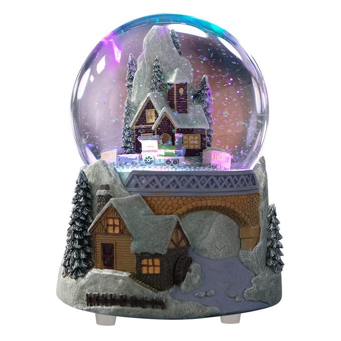 Castle Snowy House and Revolving Train Snow Globe Color Changing Lighting Snowglobe Plays Winter Wonderland Castle and Train