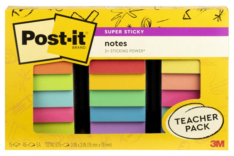 Post-it Super Sticky Notes Teacher Pack, Assorted Colors, 3 in. x 3 in., 15 Pads/Pack, 45 Sheets/Pad (654-15SSBTS-SR) - Image 1