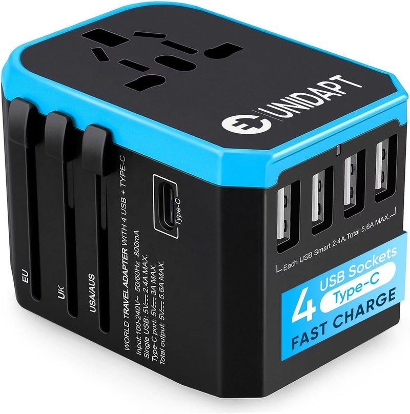 Unidapt Universal Travel Adapter for Europe and International Travel from USA, Type C EU/Type G UK/Type I AU/Type A US, 1 AC Outlet, 1 USB-C and 4 USB-A Ports, Travel Plug Adapter - Image 1