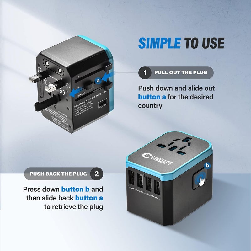 Unidapt Universal Travel Adapter for Europe and International Travel from USA, Type C EU/Type G UK/Type I AU/Type A US, 1 AC Outlet, 1 USB-C and 4 USB-A Ports, Travel Plug Adapter - Image 3