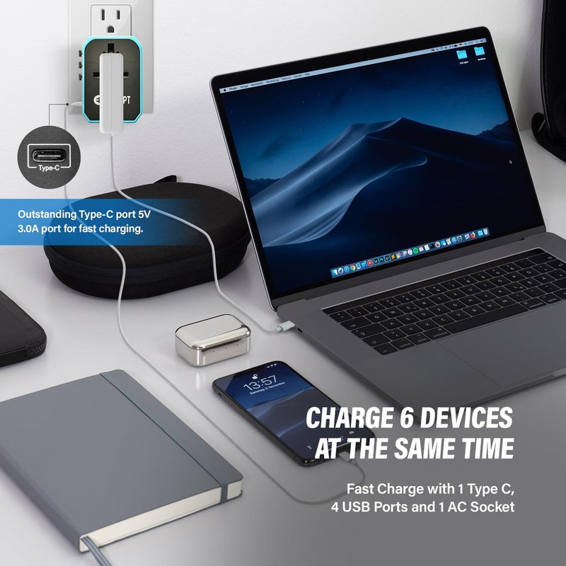 Unidapt Universal Travel Adapter for Europe and International Travel from USA, Type C EU/Type G UK/Type I AU/Type A US, 1 AC Outlet, 1 USB-C and 4 USB-A Ports, Travel Plug Adapter - Image 2