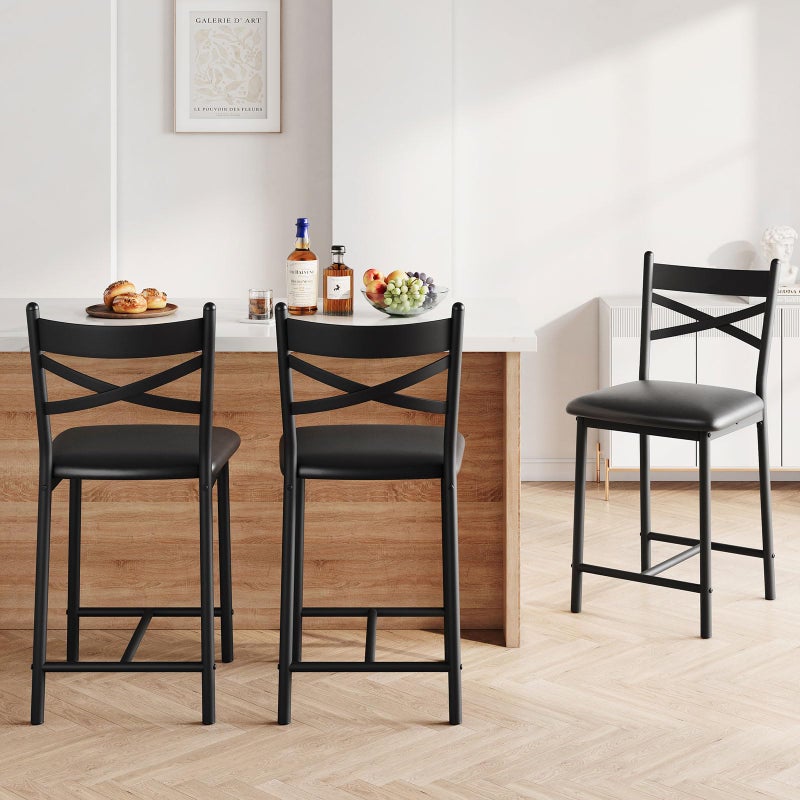 GAOMON 22" Bar Stools Set of 2, Counter Height Bar Stools with PU Upholstered Seat, Metal Frame Kitchen Bar Chairs with X-Design Back and Footrest for Kitchen Island, Counter Bar, Dining Room, Black - Image 3
