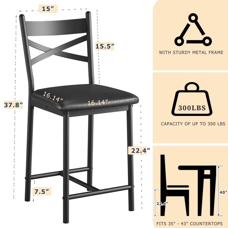 GAOMON 22" Bar Stools Set of 2, Counter Height Bar Stools with PU Upholstered Seat, Metal Frame Kitchen Bar Chairs with X-Design Back and Footrest for Kitchen Island, Counter Bar, Dining Room, Black - Image 2