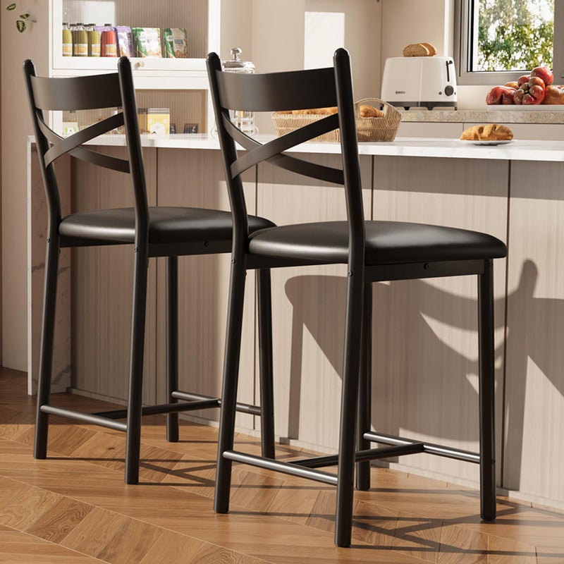 GAOMON 22" Bar Stools Set of 2, Counter Height Bar Stools with PU Upholstered Seat, Metal Frame Kitchen Bar Chairs with X-Design Back and Footrest for Kitchen Island, Counter Bar, Dining Room, Black - Image 1