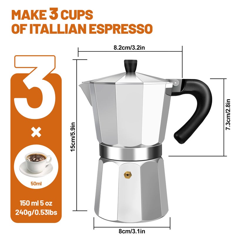 DITOSH 3 Cup Aluminum Espresso Stovetop Moka Pot Express Coffee Maker Percolator Italian Classic Mocha Coffee Machine for Italian and Cuban Cafe Brewing for Home & Camping 150ml 5oz - Image 2