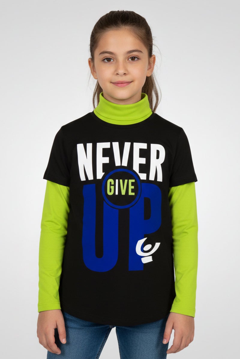 FREDDY Kids Girl Mock Neck Long Sleeves Graphic Print Top, Black - Image 1