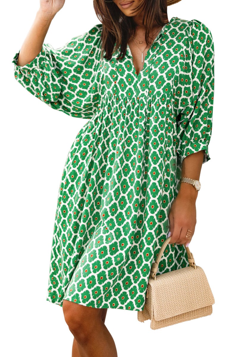 miduo Womens Casual Dresses Summer Half Sleeve V Neck Floral Bohemian Dress Boho Beach Mini Babydoll Shift Shirt Dress Green M - Image 1