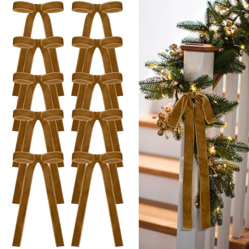 Glitinsel 24 Pcs Velvet Bows for Christmas Tree Vintage Ribbon Bows for Crafts Garland Home Coquette Wedding Birthday Decor9 x 13 Inch Width of 1Khaki - Image 1