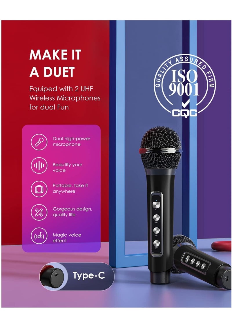 ELTRAZONE Karaoke Machine with 2 UHF Wireless Microphones for Adults/Kids – Portable Bluetooth PA Speaker System with LED Light, Echo  Bass Adjustment, Vocal Cut for Home Parties, Meetings, Weddings - Image 3