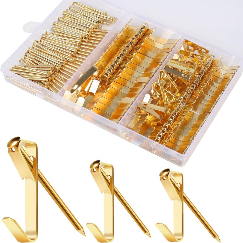 Romeda 184 Pieces Picture Hanging Kit, 20lb, 30lb, and 50lb Picture Hangers, Metal Picture Hanging Hooks with Nails, on Drywall, Wooden Wall(Gold) - Image 1