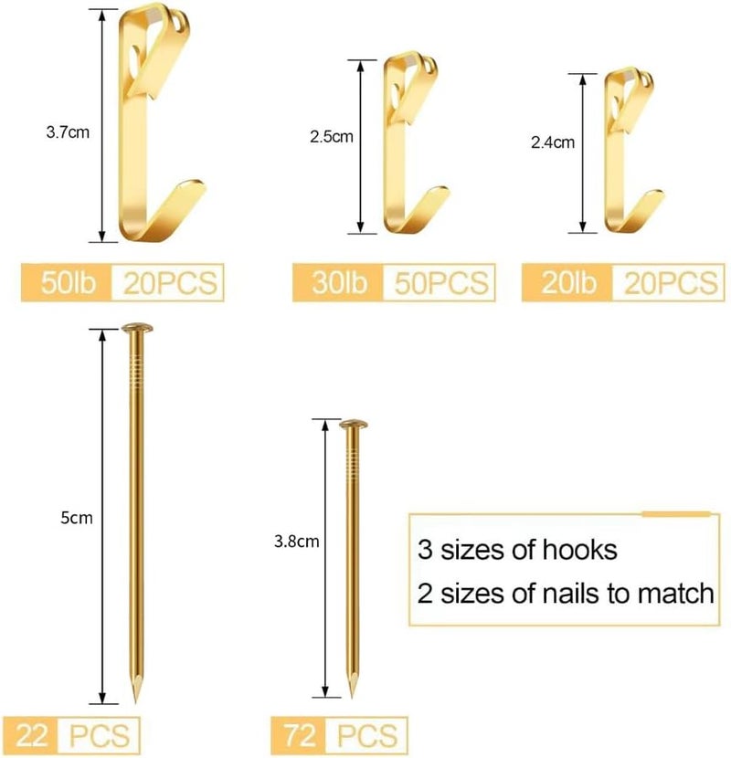 Romeda 184 Pieces Picture Hanging Kit, 20lb, 30lb, and 50lb Picture Hangers, Metal Picture Hanging Hooks with Nails, on Drywall, Wooden Wall(Gold) - Image 2