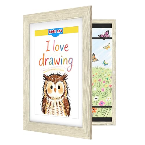 FrameWorks 12“ x 18” Gray Wood Grain Wooden Children's Art Frame with Magnetic Door - Can Be Used to Display 3D Artwork, Photographs, and Crafts - Gallery-Style Edge Wall Decoration - Image 1