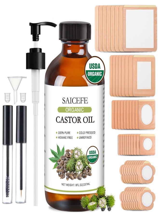 Saicefe 56pcs Castor Oil Patches with Caster Oil Organic Cold Pressed Unrefined Glass Bottle 8oz, Castor Oil Pack Wrap for Belly, Neck, Back, Arms, and Hair Growth (with Eyelash Kit) - Image 1
