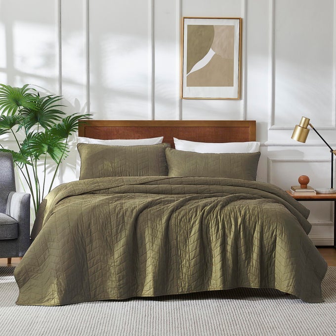 GREEN COTTON QUILT KING SIZE BEDDING SETS WITH PILLOW SHAMS OLIVE LIGHTWEIGHT SOFT BEDSPREAD COVERLET SAGE QUILTED COMFORTER BED COVER FOR ALL SEASON 3 PIECES 106X96 INCHES