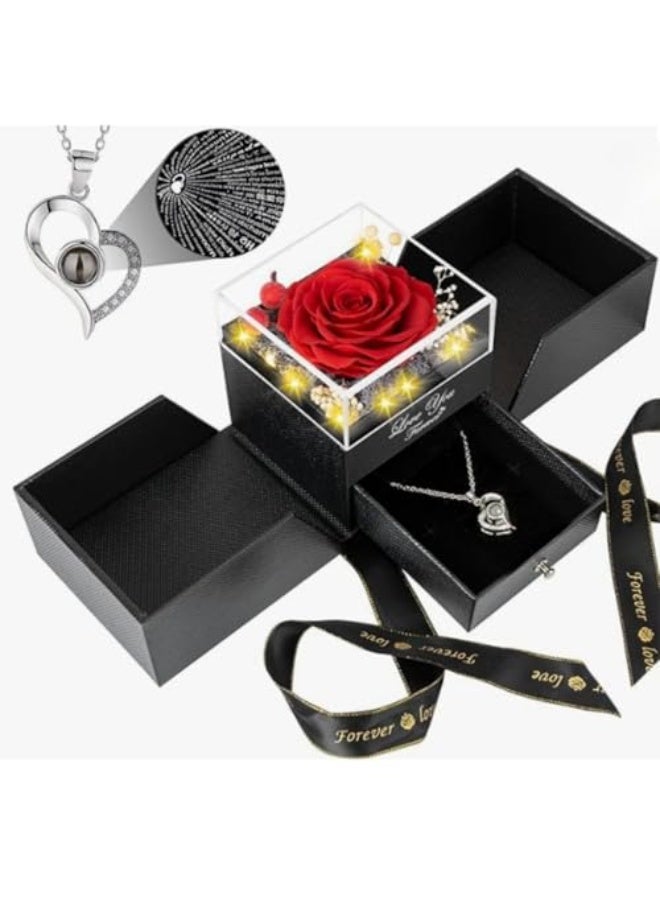 Preserved Red Real Rose with Heart I Love You Necklace -Eternal Flowers Rose Birthday Gifts for Women Her Mom Wife Girlfriend Grandma on Valentines Mothers Day Christmas Anniversary Romantic-Red - Image 1