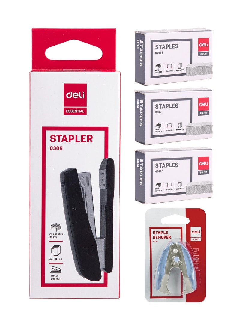 Deli 1-Piece Desktop Stapler With Three Pack Of Pins And A Staple Remover Assorted Colours - Image 1