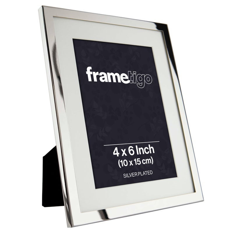 Frametigo  Silver Plated White Mount Photo Frame 4x6 10x15cm Photo Size  Velvet Frame Backing  Stand  Real Glass Window  Tarnish Resistant  Landscape or Portrait Orientation