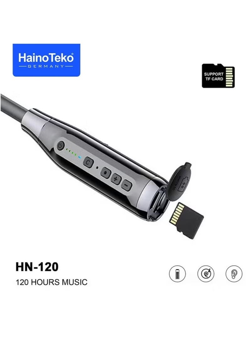 Haino Teko HN120 Bluetooth Neck Band with 120 Hours of Music, High Bass Sound Quality, Super Clear Mic, TF Card Support – Stylish Black, Perfect for Music, Calls, and Long-Lasting Use - Image 4