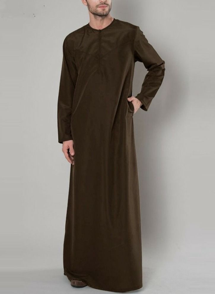 إسكدنيا Men's Muslim Robe Thobe Solid Color Round Neck Long Sleeve Kaftan With Pockets Brown - Image 1