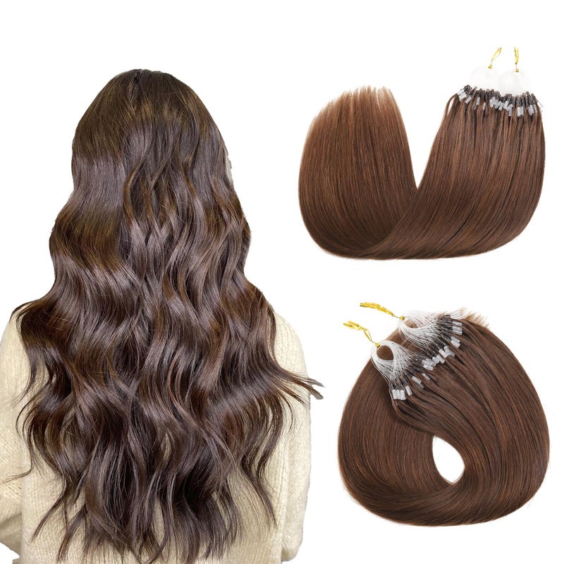 Sisily Micro link Hair Extensions Medium Brown Human Hair Extensions Micro Ring for Woman Micro Loop Hair Extensions Real Human Hair Straight Cold Fusion Hair Extensions 50g for Women