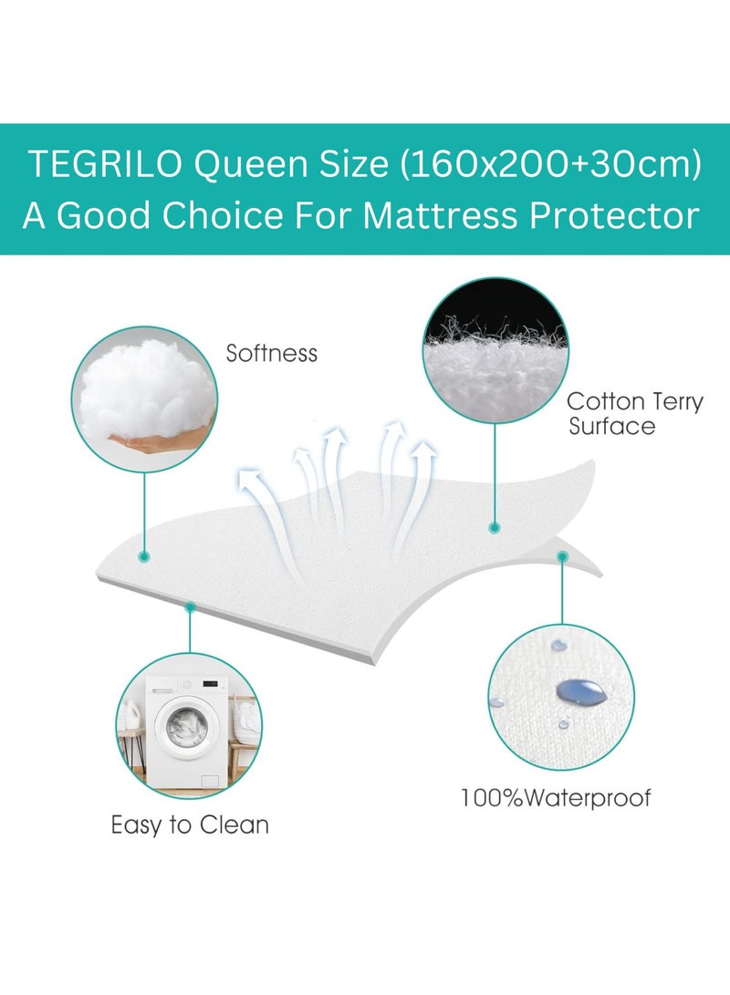 TEGRILO Water Proof Mattress Protector Cotton Terry Mattress Cover, Deep Pocket Bed Mattress Pad Cover Vinyl-Free Washable, Noiseless, Breathable & Soft (Queen(160 * 200 * 30)) - Image 4