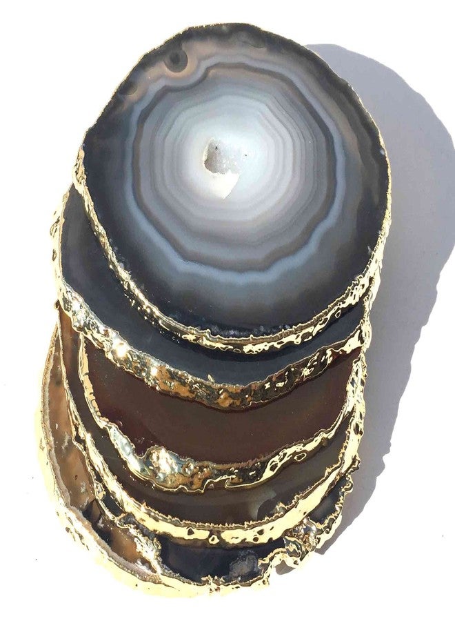 JIC Gem Golden Plated Natural Agate Coasters, 6 pcs Set, 3-4", with Rubber Bumper - Image 4