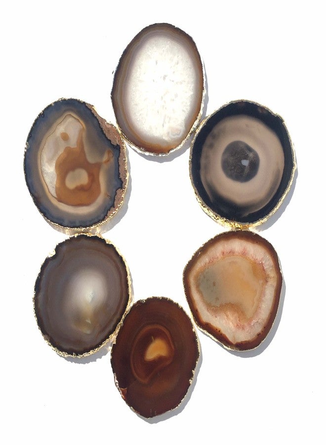 JIC Gem Golden Plated Natural Agate Coasters, 6 pcs Set, 3-4", with Rubber Bumper - Image 1