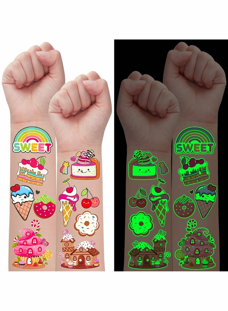 SYOSI 12 Sheets Glow Ice Cream Birthday Party Decorations for Girls Luminous Kids Temporary Tattoos for Ice Cream Party Supplies Favors Toys Donut Fake Tattoo Stickers - Image 1