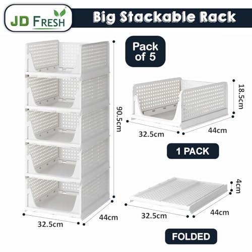 JD Fresh 5 Pieces Large Stackable Wardrobe Organizer for Storage/Foldable Cupboard Organiser for Clothes/Polypropylene Multipurpose Space Organizer Rack/Adjustable Sliding Drawer - White - Image 2