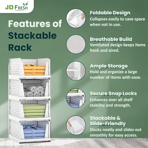 JD Fresh 5 Pieces Large Stackable Wardrobe Organizer for Storage/Foldable Cupboard Organiser for Clothes/Polypropylene Multipurpose Space Organizer Rack/Adjustable Sliding Drawer - White - Image 3