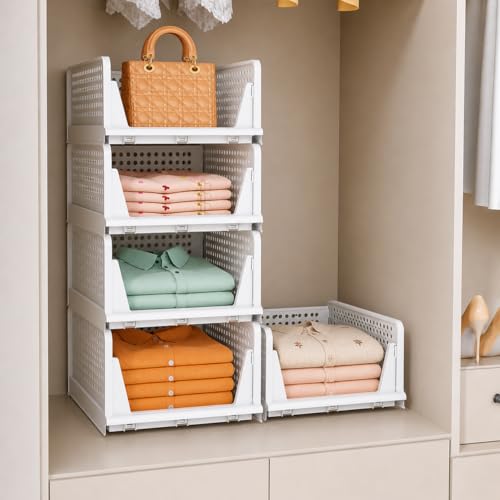 JD Fresh 5 Pieces Large Stackable Wardrobe Organizer for Storage/Foldable Cupboard Organiser for Clothes/Polypropylene Multipurpose Space Organizer Rack/Adjustable Sliding Drawer - White - Image 1