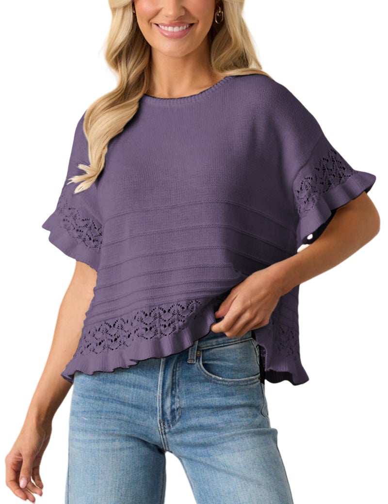 Yeokou Womens Short Sleeve Sweater Round Neck Ruffled Hem Knit Crochet Pullover Summer Fall Casual Top Blouse(Purple-L) - Image 2
