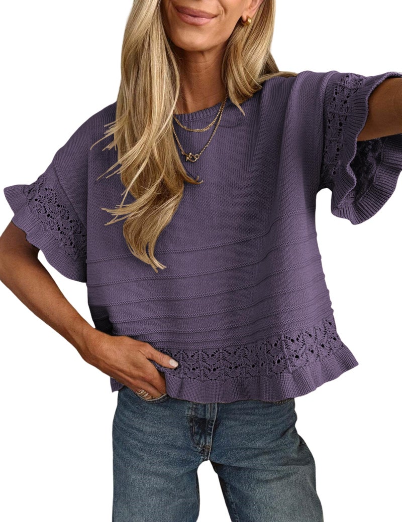 Yeokou Womens Short Sleeve Sweater Round Neck Ruffled Hem Knit Crochet Pullover Summer Fall Casual Top Blouse(Purple-L) - Image 1