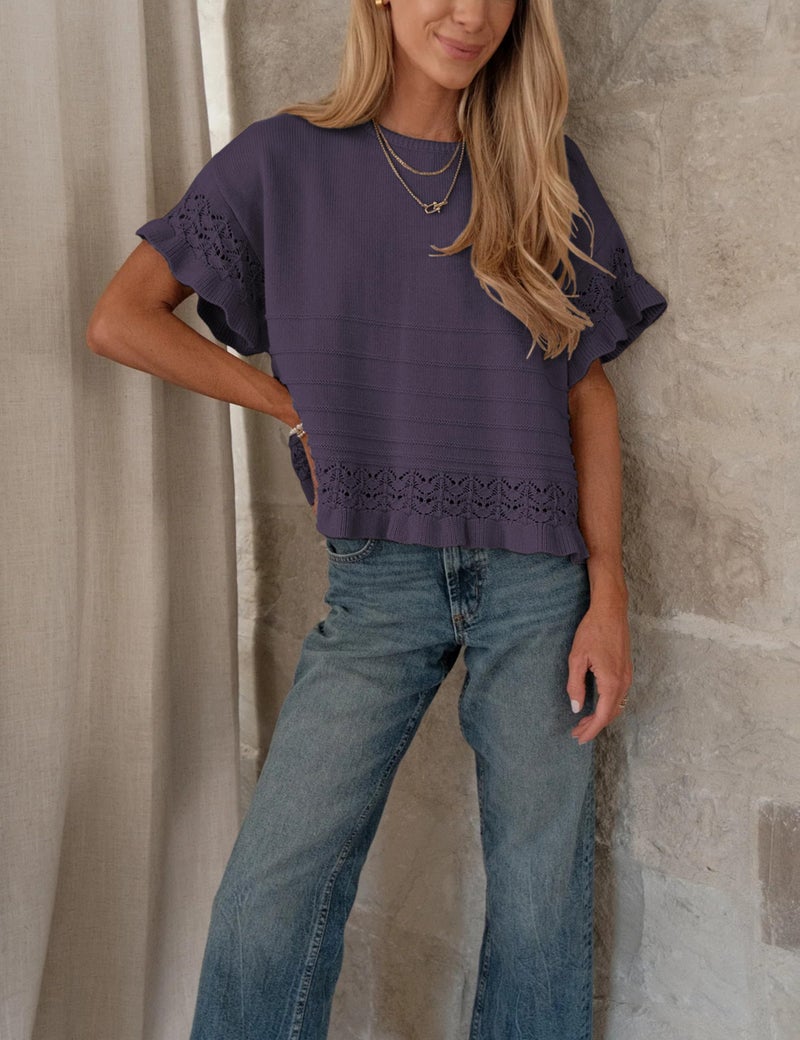 Yeokou Womens Short Sleeve Sweater Round Neck Ruffled Hem Knit Crochet Pullover Summer Fall Casual Top Blouse(Purple-L) - Image 5