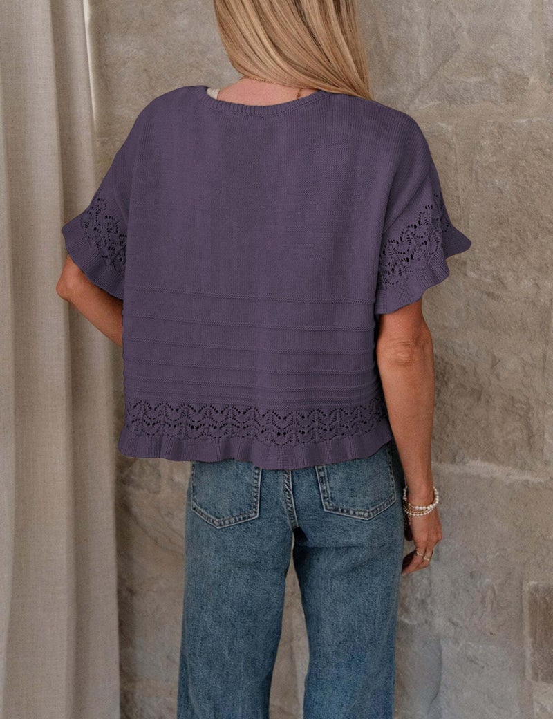 Yeokou Womens Short Sleeve Sweater Round Neck Ruffled Hem Knit Crochet Pullover Summer Fall Casual Top Blouse(Purple-L) - Image 4