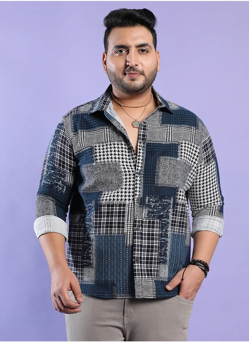 انستافاب بلس Instafab Plus Men's Navy Blue Herringbone Block Shirt For Casual Wear | Spread Collar | Long Sleeve | Button Closure | Cotton Shirt Crafted With Comfort Fit For Everyday Wear