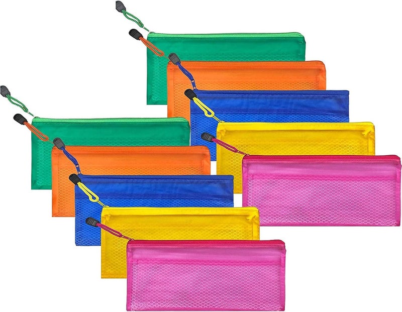 DAHSHA Mesh Zippered Stationery Pouches – Pack of 10 – Pencil, Pen, Travel Document Holder, Cosmetic Makeup Organizer Bags – 23.5 x 11 cm (Color May Vary) - Image 1