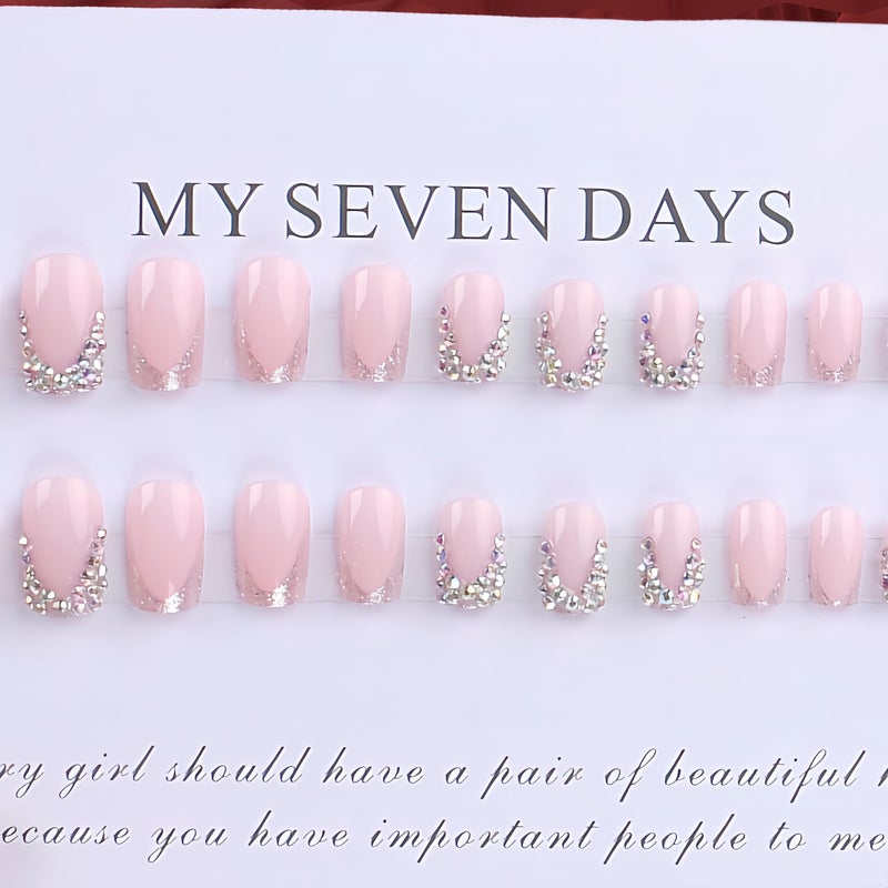 SHUXILIN Duck Short Press-On Square Fake Nails With Rhinestone Design - Light Pink Shine False Sparkly Glue-On Charms - Artificial Reusable Acrylic Stick-On for Women and Girls (24 Pcs) - Image 3