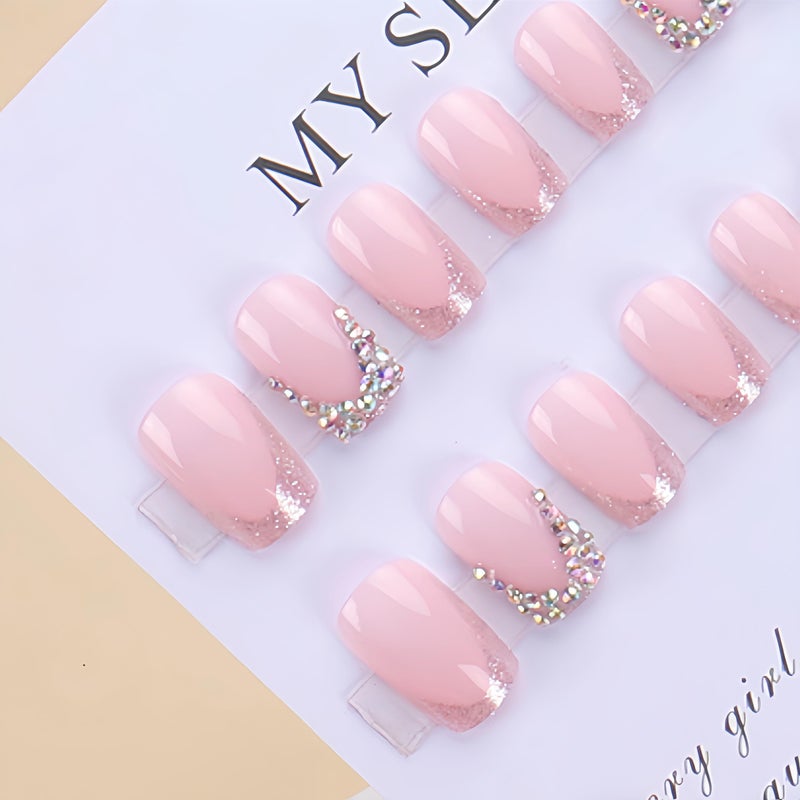 SHUXILIN Duck Short Press-On Square Fake Nails With Rhinestone Design - Light Pink Shine False Sparkly Glue-On Charms - Artificial Reusable Acrylic Stick-On for Women and Girls (24 Pcs) - Image 4