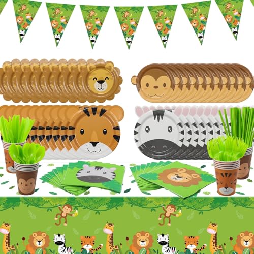 PIXHOTUL 162Pcs Jungle Party Supplies Include Animal Shape Plates Jungle Tablecloth Safari Flag Napkins Cups Cutlery Safari Theme Party Supplies for Kids Birthday Baby Shower Wild One Serves 20 Guests - Image 1