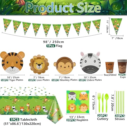 PIXHOTUL 162Pcs Jungle Party Supplies Include Animal Shape Plates Jungle Tablecloth Safari Flag Napkins Cups Cutlery Safari Theme Party Supplies for Kids Birthday Baby Shower Wild One Serves 20 Guests - Image 5